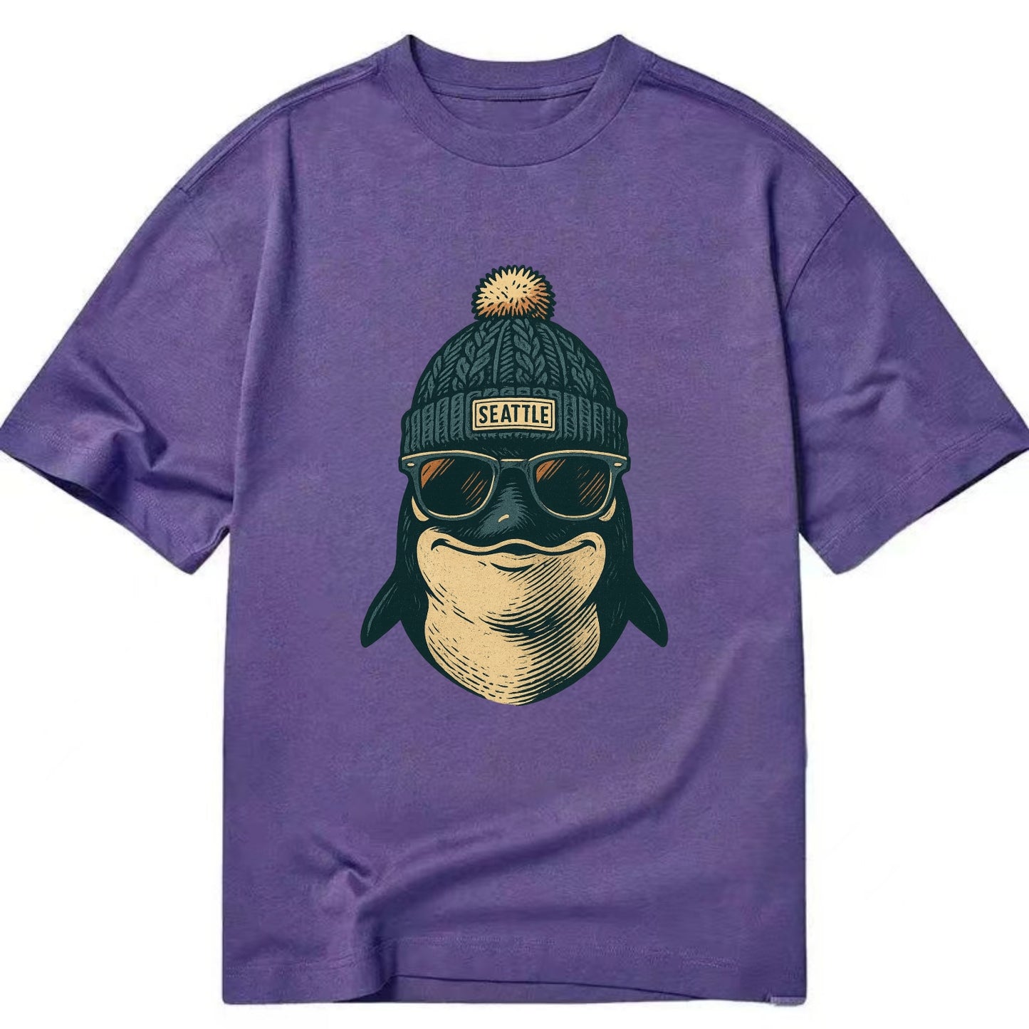 Washington Orca wearing Seattle beanie with pom pom and wayfarer sunglasses - Classic T-shirt - Purple