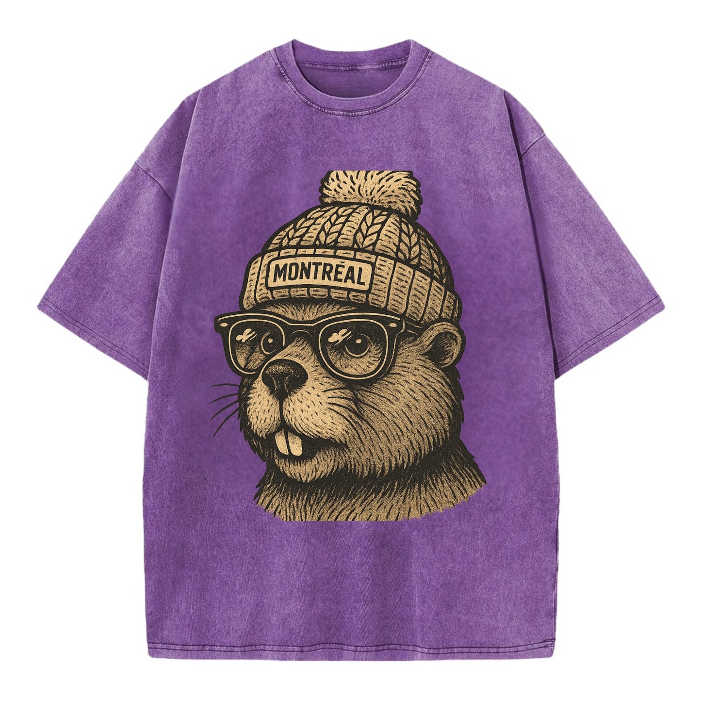 Montreal Beaver wearing Montreal beanie with pom pom and wayfarer sunglasses - Vintage T-shirt - Purple