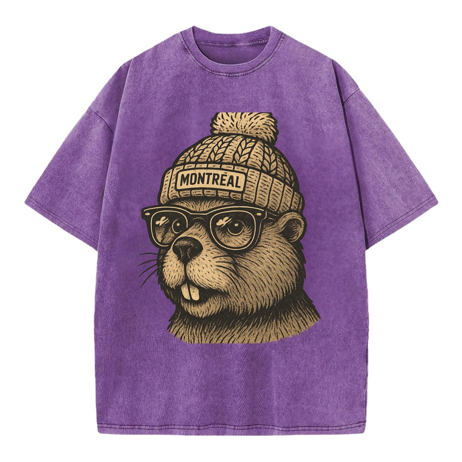 Montreal Beaver wearing Montreal beanie with pom pom and wayfarer sunglasses - Vintage T-shirt - Purple