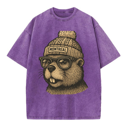 Montreal Beaver wearing Montreal beanie with pom pom and wayfarer sunglasses - Vintage T-shirt - Purple