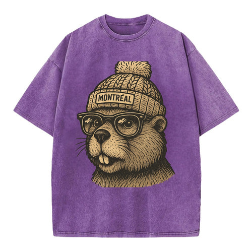 Montreal Beaver wearing Montreal beanie with pom pom and wayfarer sunglasses - Vintage T-shirt