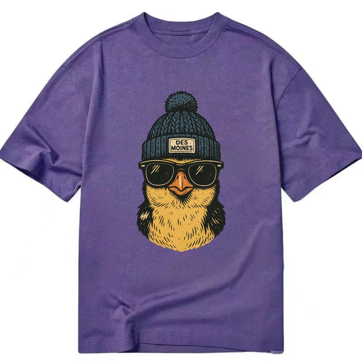 Iowa Goldfinch wearing Des Moines beanie with pom pom and wayfarer sunglasses - Classic T-shirt - Purple