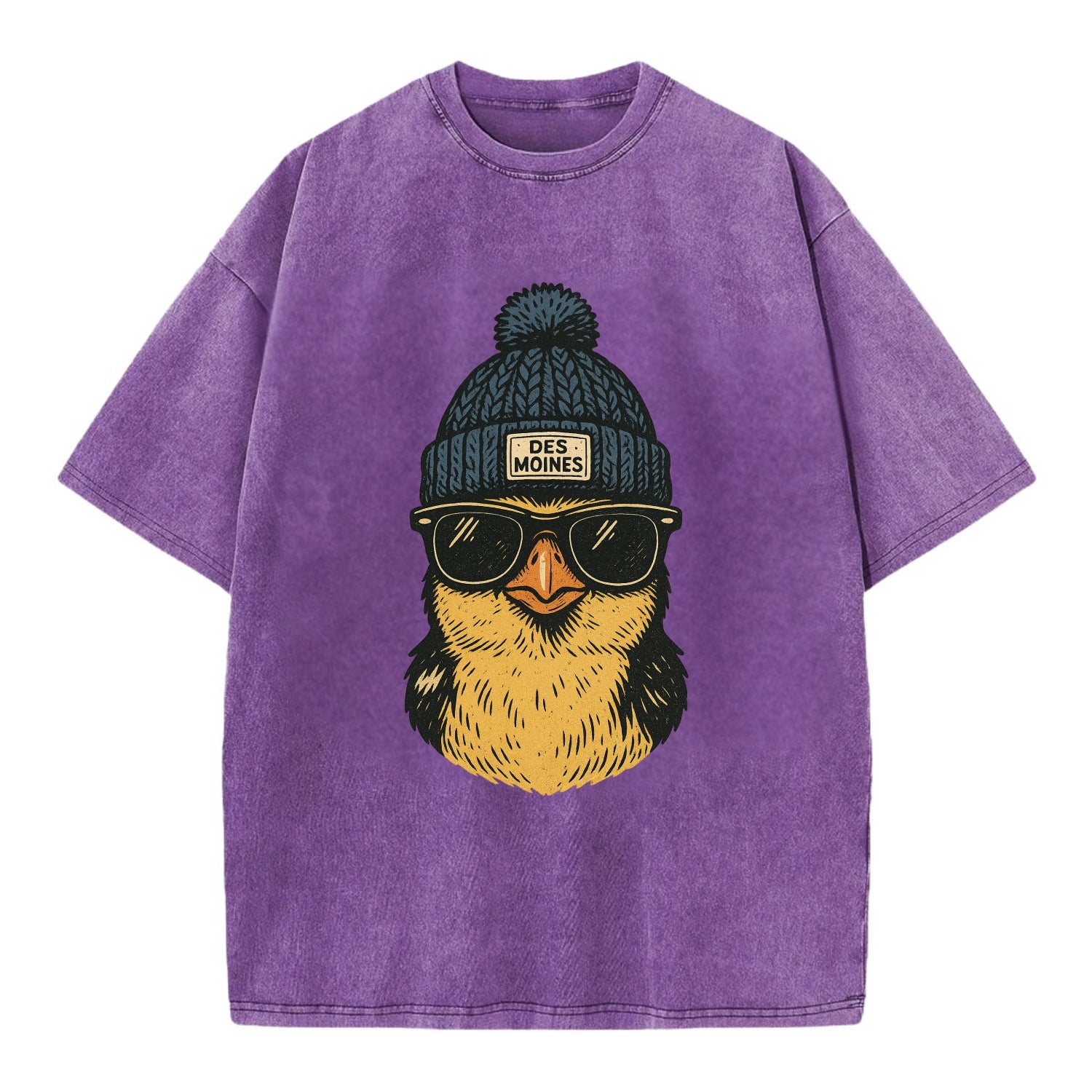 Iowa Goldfinch wearing Des Moines beanie with pom pom and wayfarer sunglasses - Vintage T-shirt - Purple