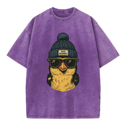 Iowa Goldfinch wearing Des Moines beanie with pom pom and wayfarer sunglasses - Vintage T-shirt - Purple