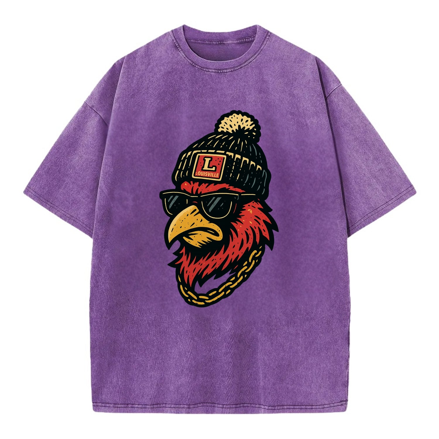 Louisville Cardinal wearing Louisville beanie with L patch - Vintage T-shirt - Purple
