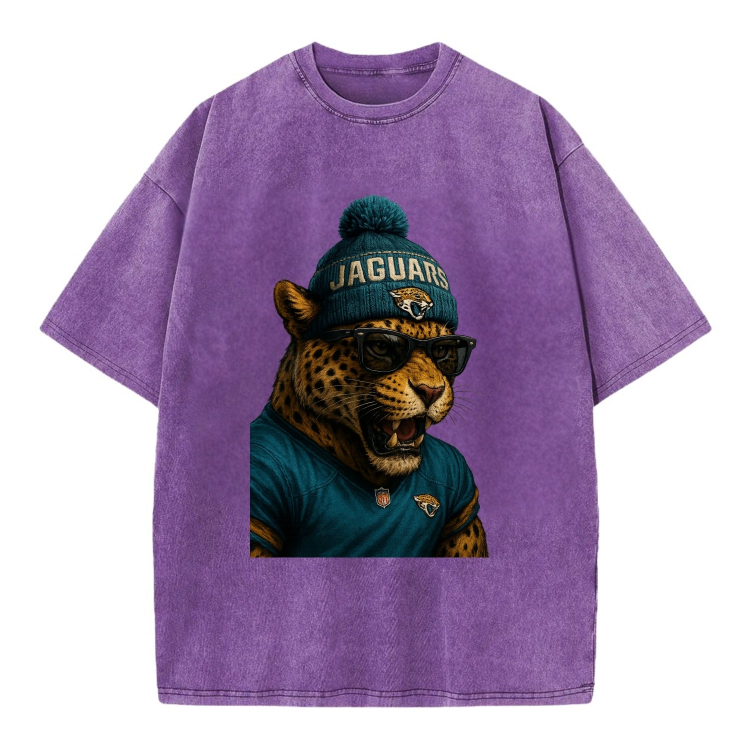 Jacksonville Jaguar wearing Jaguars teal and gold beanie with pom pom and - Vintage T-shirt - Purple