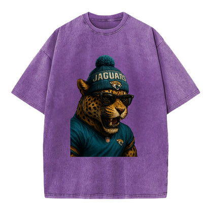 Jacksonville Jaguar wearing Jaguars teal and gold beanie with pom pom and - Vintage T-shirt - Purple