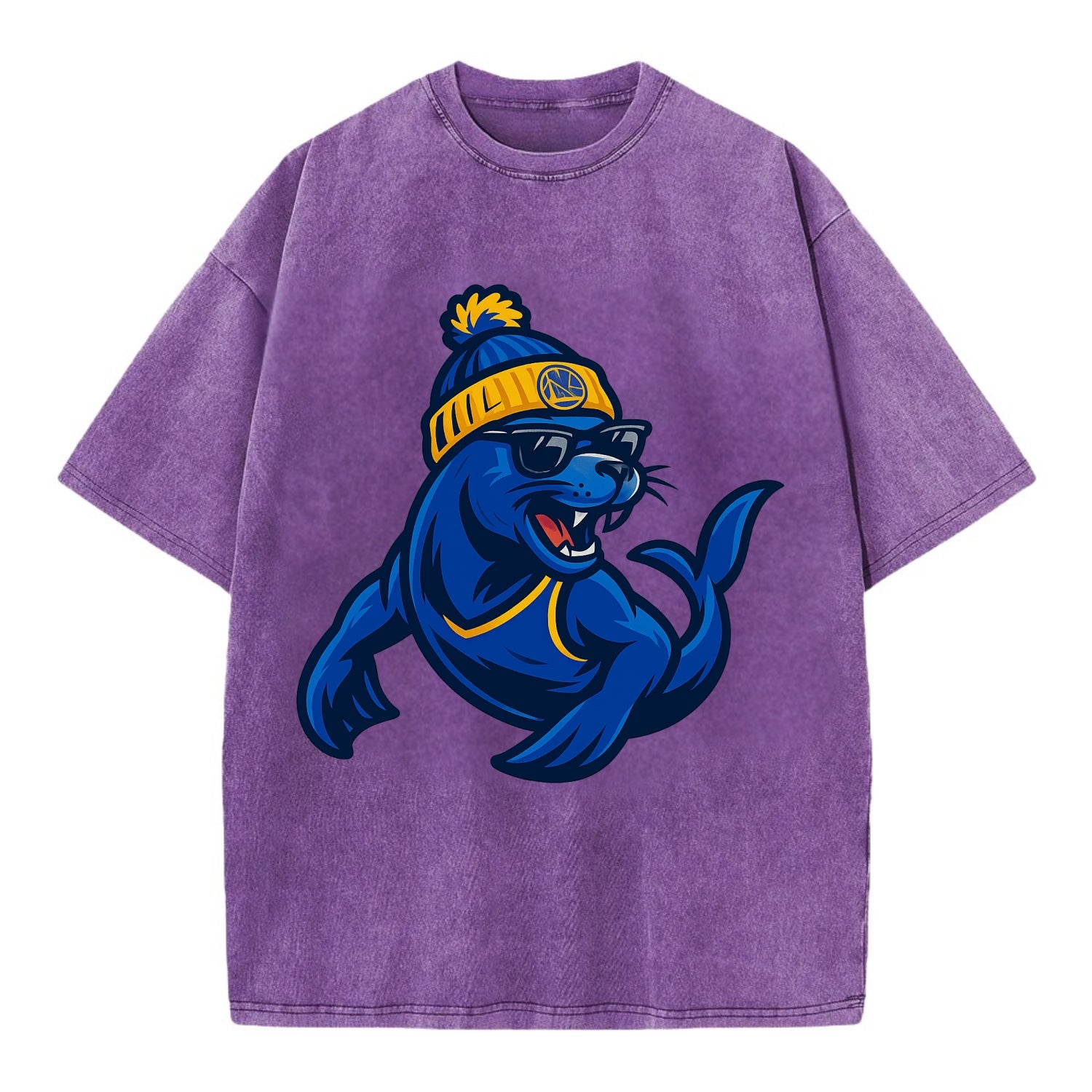 Bay Area Sea Lion wearing Warriors blue and gold beanie with Golden Gate and - Vintage T-shirt - Purple