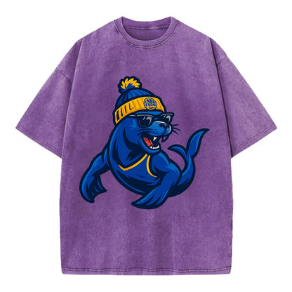 Bay Area Sea Lion wearing Warriors blue and gold beanie with Golden Gate and - Vintage T-shirt - Purple