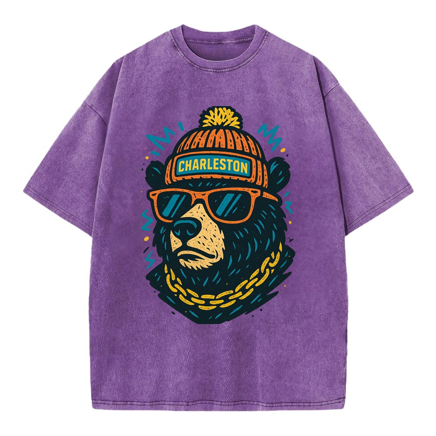 West Virginia Black Bear wearing Charleston beanie with pom pom and wayfarer - Vintage T-shirt - Purple