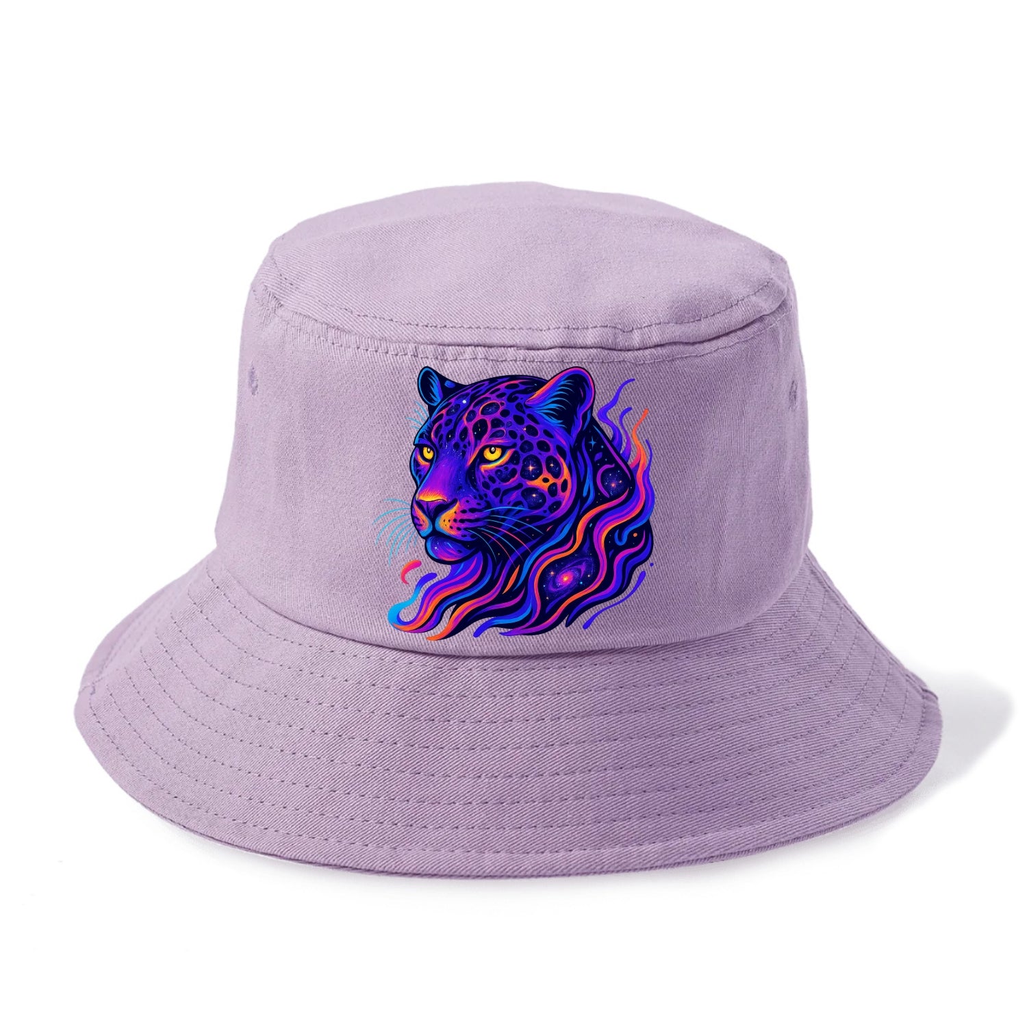 Powerful jaguar with rosettes containing miniature galaxies, cosmic purple and orange - Bucket Hat - Purple