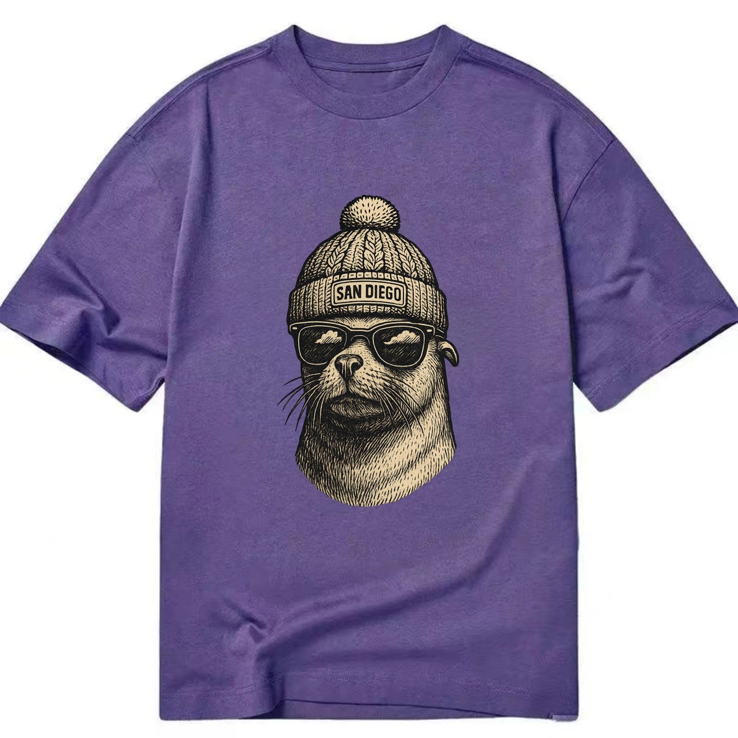 San Diego Sea Lion wearing San Diego beanie with pom pom and wayfarer sunglasses - Classic T-shirt - Purple