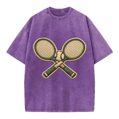 Embroidered patch design - TENNIS RACKET CROSSED - tennis rackets with ball in - Vintage T-shirt - Purple
