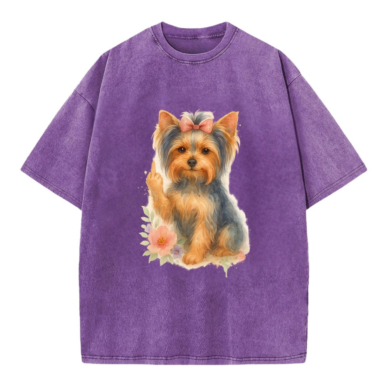 Yorkshire Terrier with topknot bow, one delicate paw flipping off - Vintage T-shirt - Purple