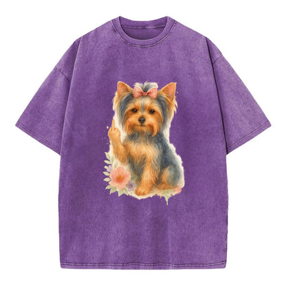 Yorkshire Terrier with topknot bow, one delicate paw flipping off - Vintage T-shirt - Purple