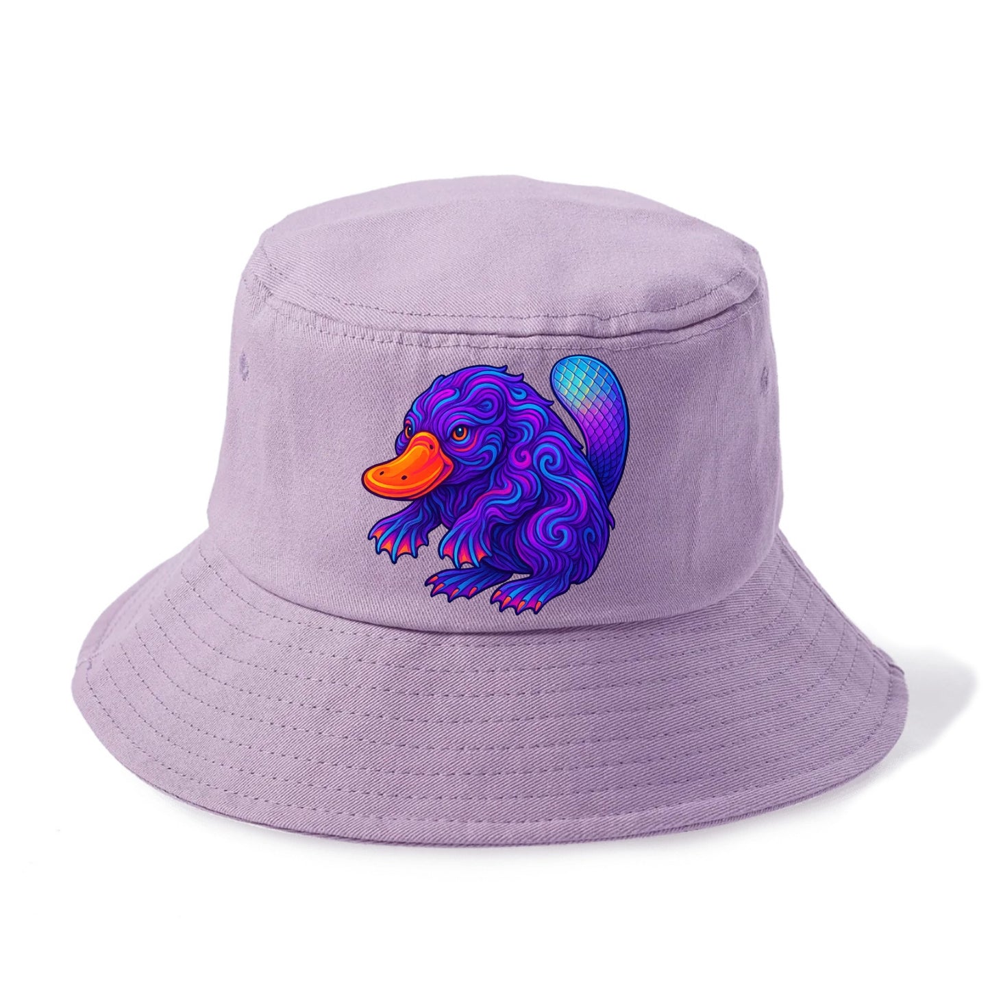 Quirky platypus with bill glowing in neon orange, beaver tail with holographic scales, - Bucket Hat - Purple