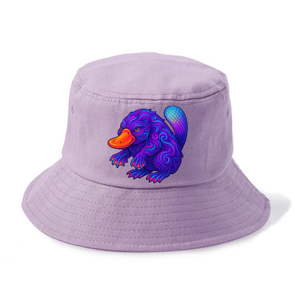 Quirky platypus with bill glowing in neon orange, beaver tail with holographic scales, - Bucket Hat - Purple