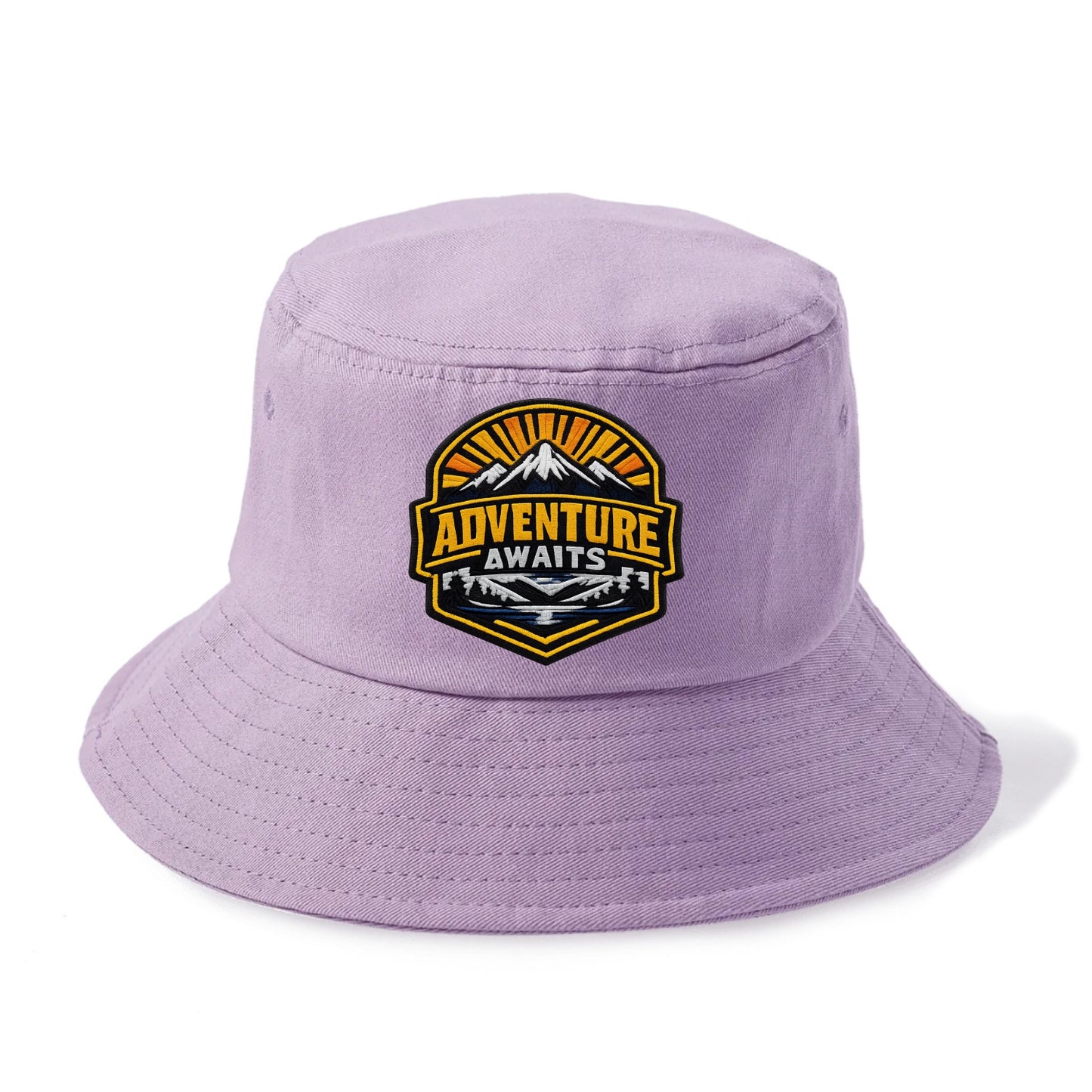ADVENTURE AWAITS - mountain sunrise with text in gold and blue , wanderlust - Bucket Hat - Purple