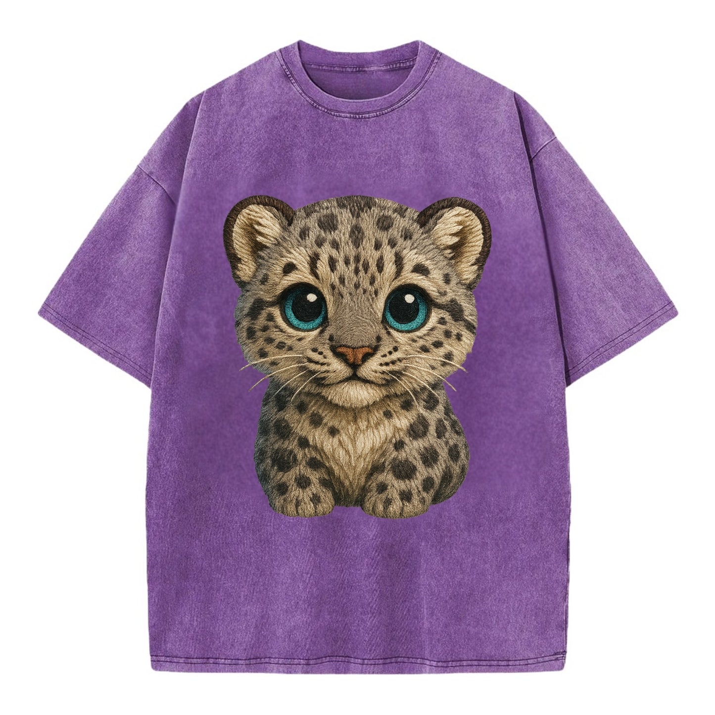 Baby Snow Leopard Cub - gray spotted, thick fur, blue-green eyes, front-facing, - Vintage T-shirt - Purple
