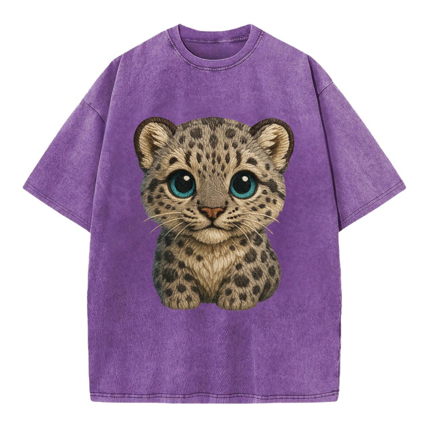 Baby Snow Leopard Cub - gray spotted, thick fur, blue-green eyes, front-facing, - Vintage T-shirt - Purple