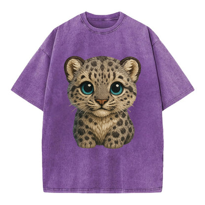 Baby Snow Leopard Cub - gray spotted, thick fur, blue-green eyes, front-facing, - Vintage T-shirt - Purple
