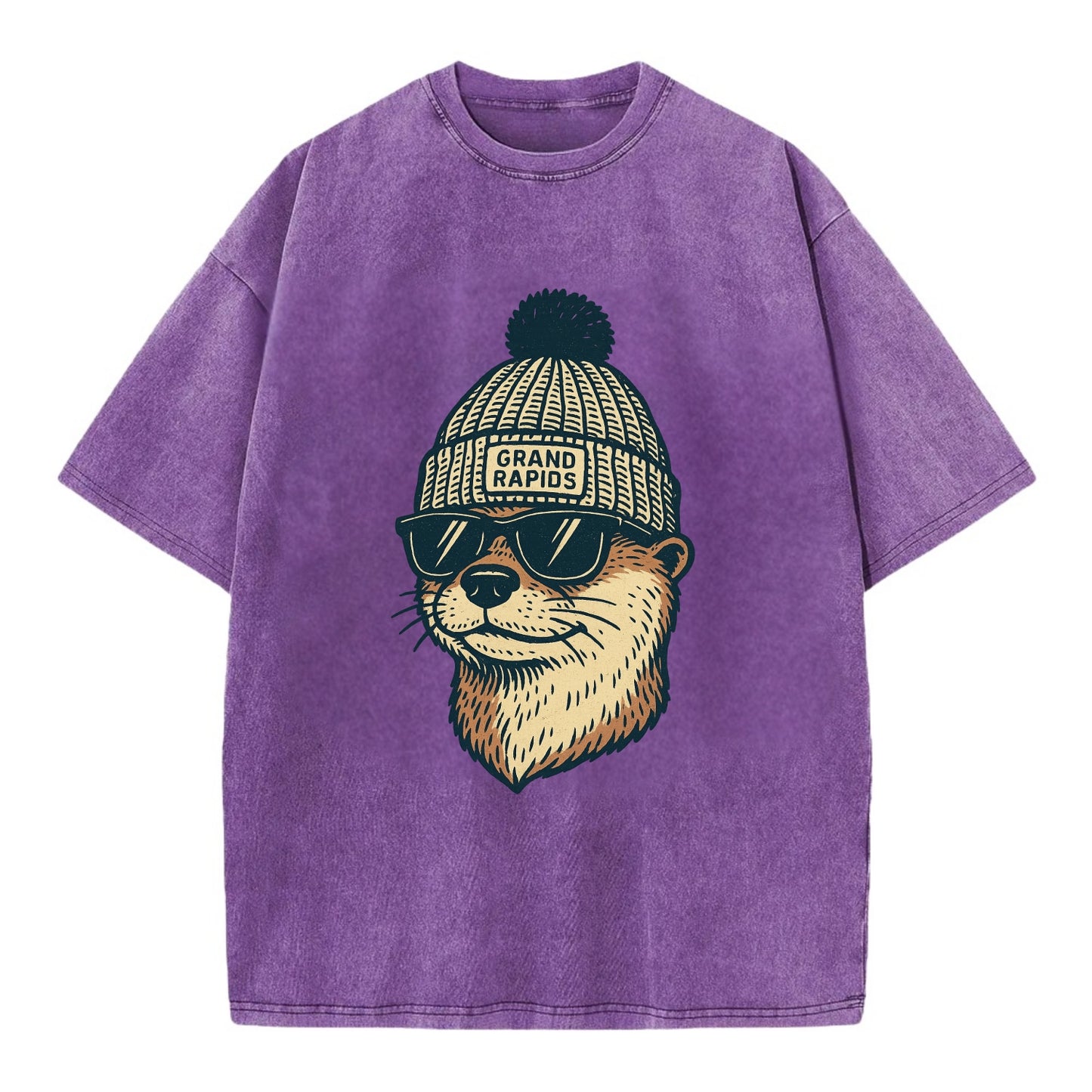 Grand Rapids River Otter wearing Grand Rapids beanie with pom pom and wayfarer - Vintage T-shirt - Purple