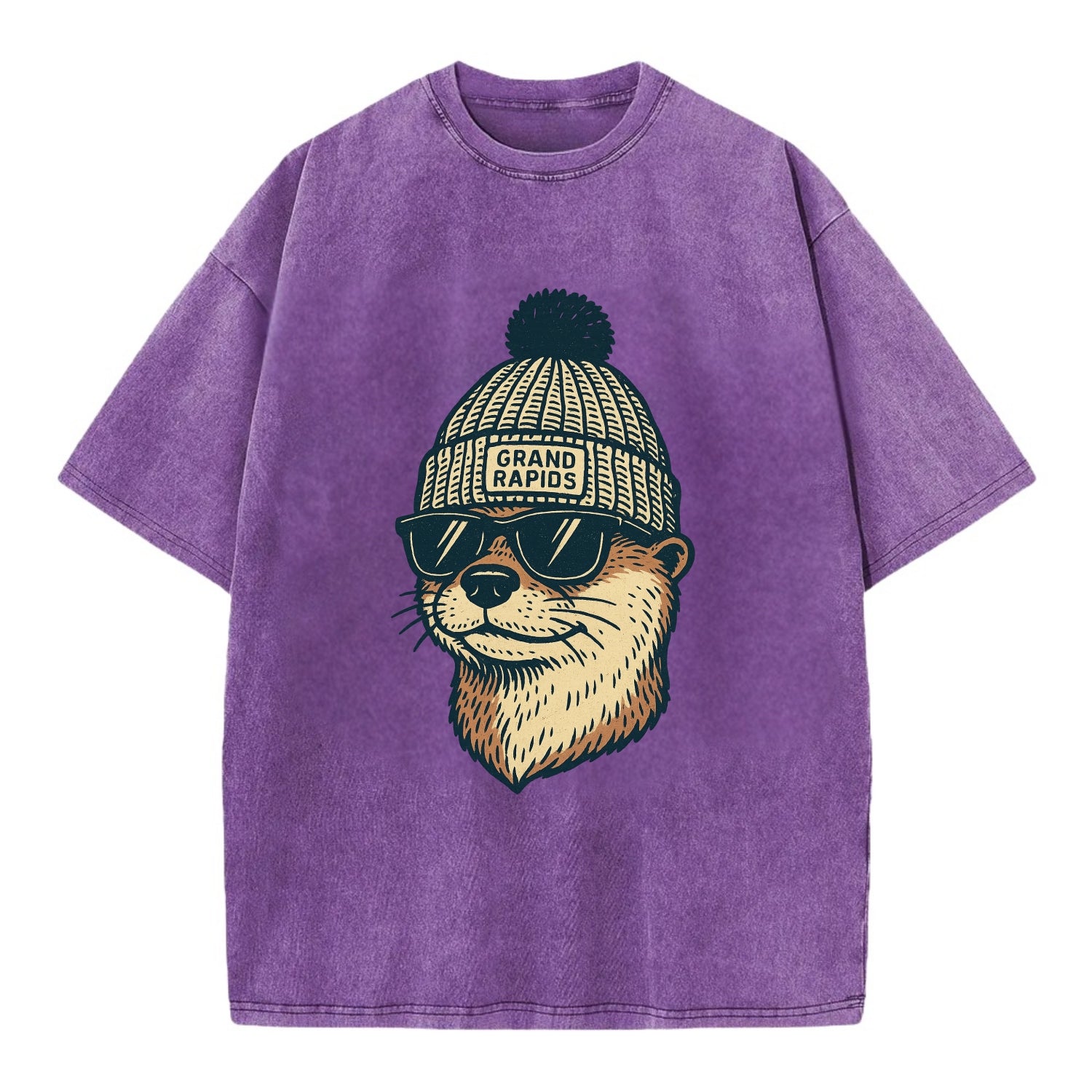Grand Rapids River Otter wearing Grand Rapids beanie with pom pom and wayfarer - Vintage T-shirt - Purple
