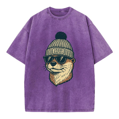 Grand Rapids River Otter wearing Grand Rapids beanie with pom pom and wayfarer - Vintage T-shirt - Purple