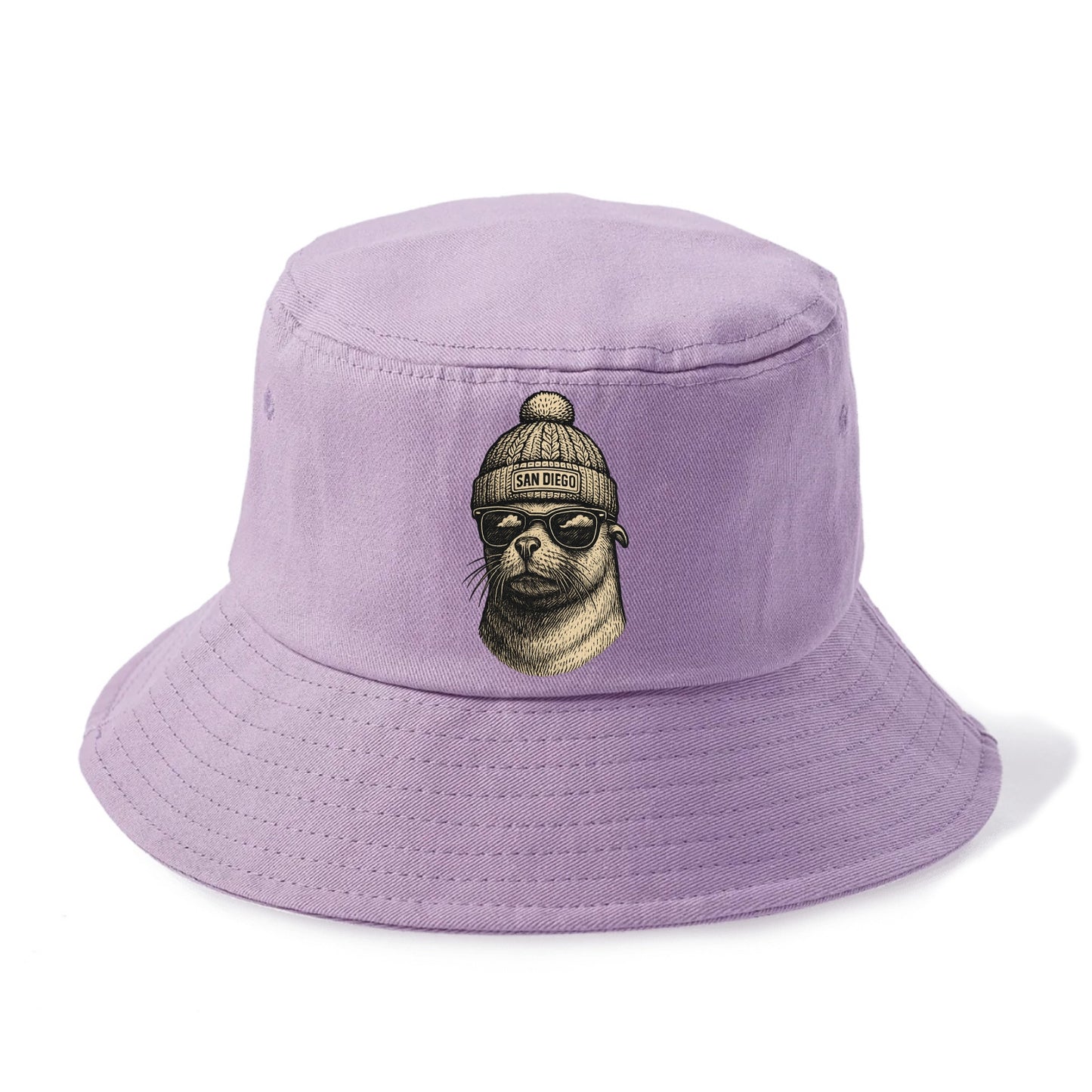 San Diego Sea Lion wearing San Diego beanie with pom pom and wayfarer sunglasses - Bucket Hat - Purple