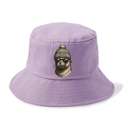 San Diego Sea Lion wearing San Diego beanie with pom pom and wayfarer sunglasses - Bucket Hat - Purple