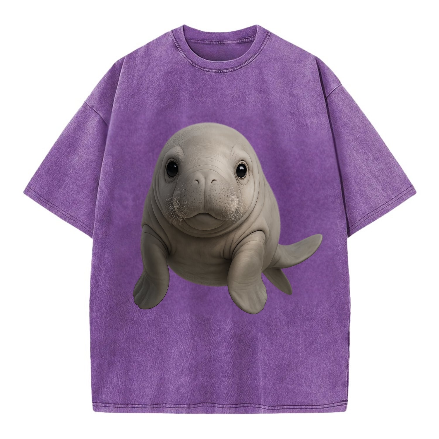 Baby Dugong - gray with paddle tail, gentle expression, whiskers, front-facing, - Vintage T-shirt - Purple