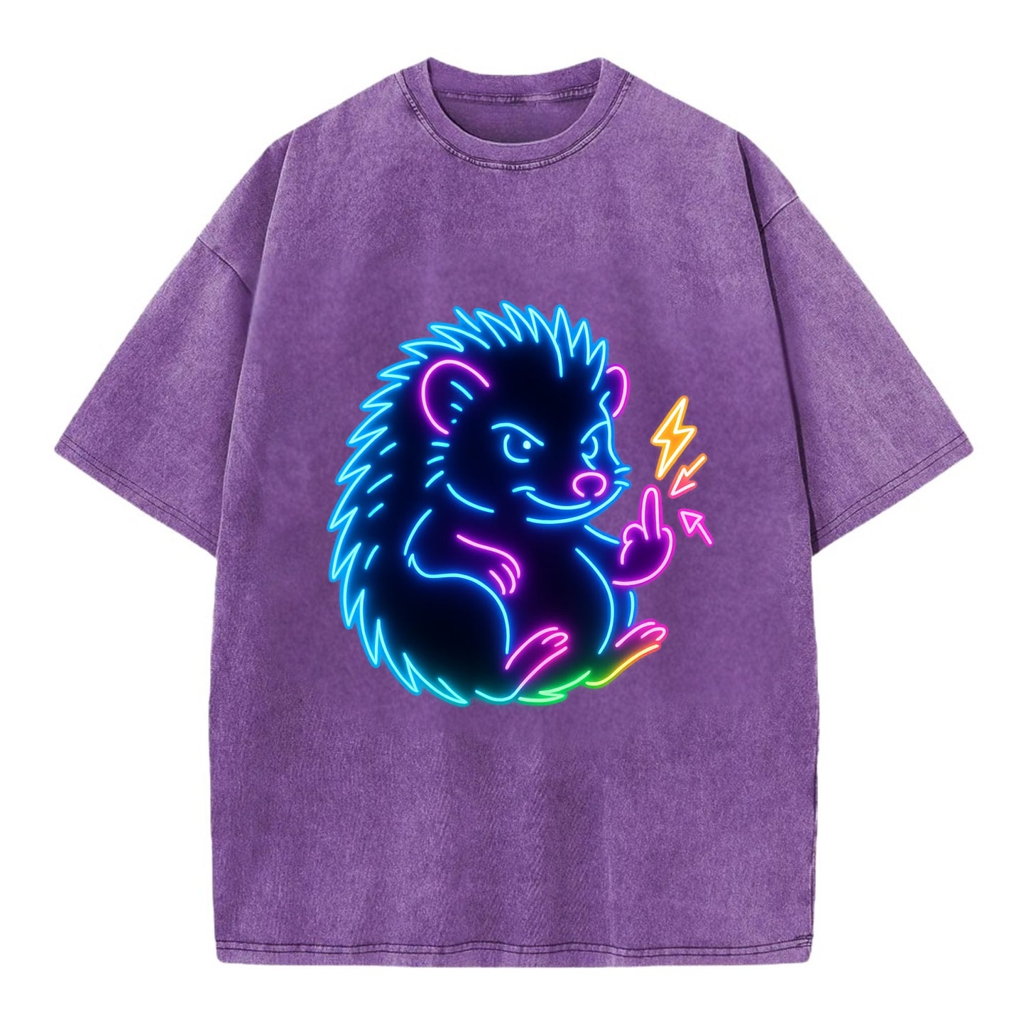 tiny hedgehog curled up slightly, one little paw raised flipping the bird - Vintage T-shirt - Purple