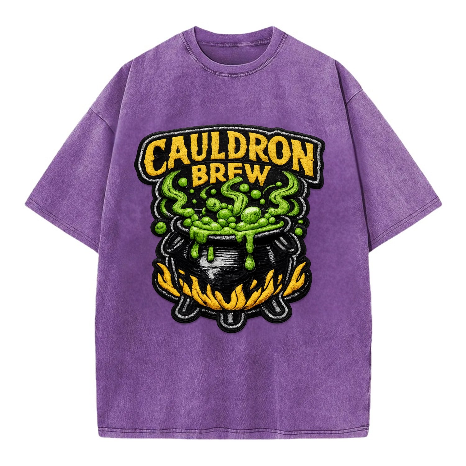 CAULDRON BREW - bubbling pot in black and green , witch craft - Vintage T-shirt - Purple