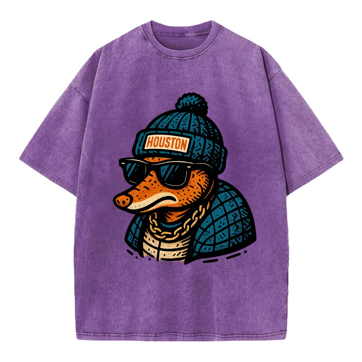 Houston Armadillo wearing Houston beanie with pom pom and wayfarer sunglasses - Vintage T-shirt - Purple