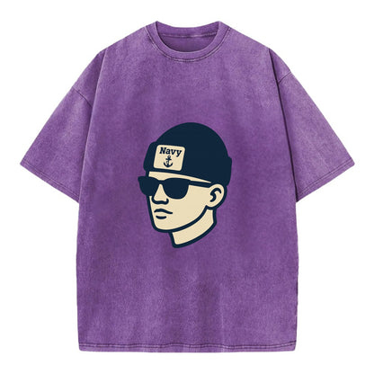 Annapolis Midshipman wearing Navy beanie with anchor patch - Vintage T-shirt - Purple
