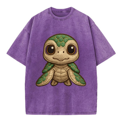 Baby Green Sea Turtle - emerald shell, large innocent brown eyes, tiny flippers, - Vintage T-shirt - Purple
