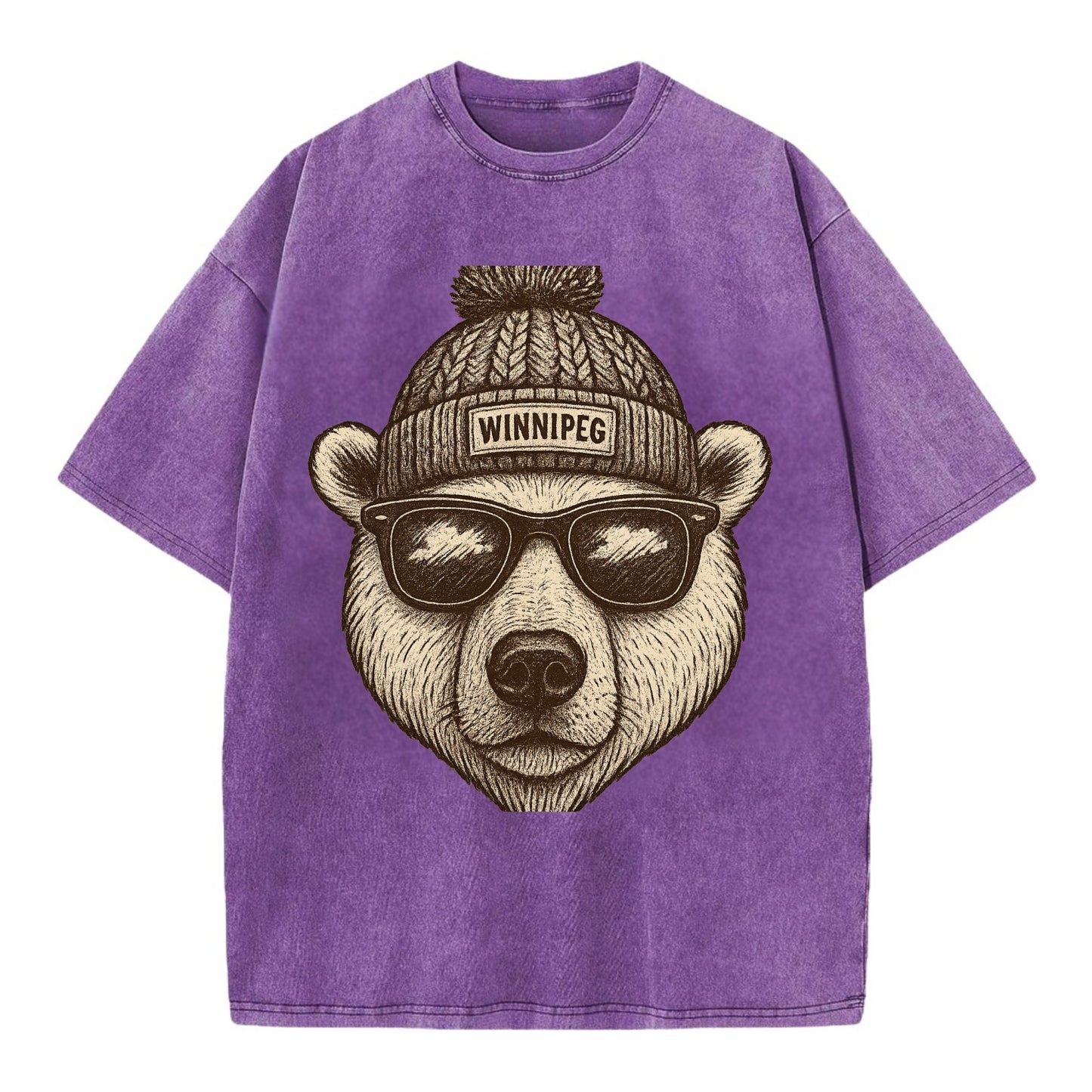 Winnipeg Polar Bear wearing Winnipeg beanie with pom pom and wayfarer sunglasses - Vintage T-shirt - Purple