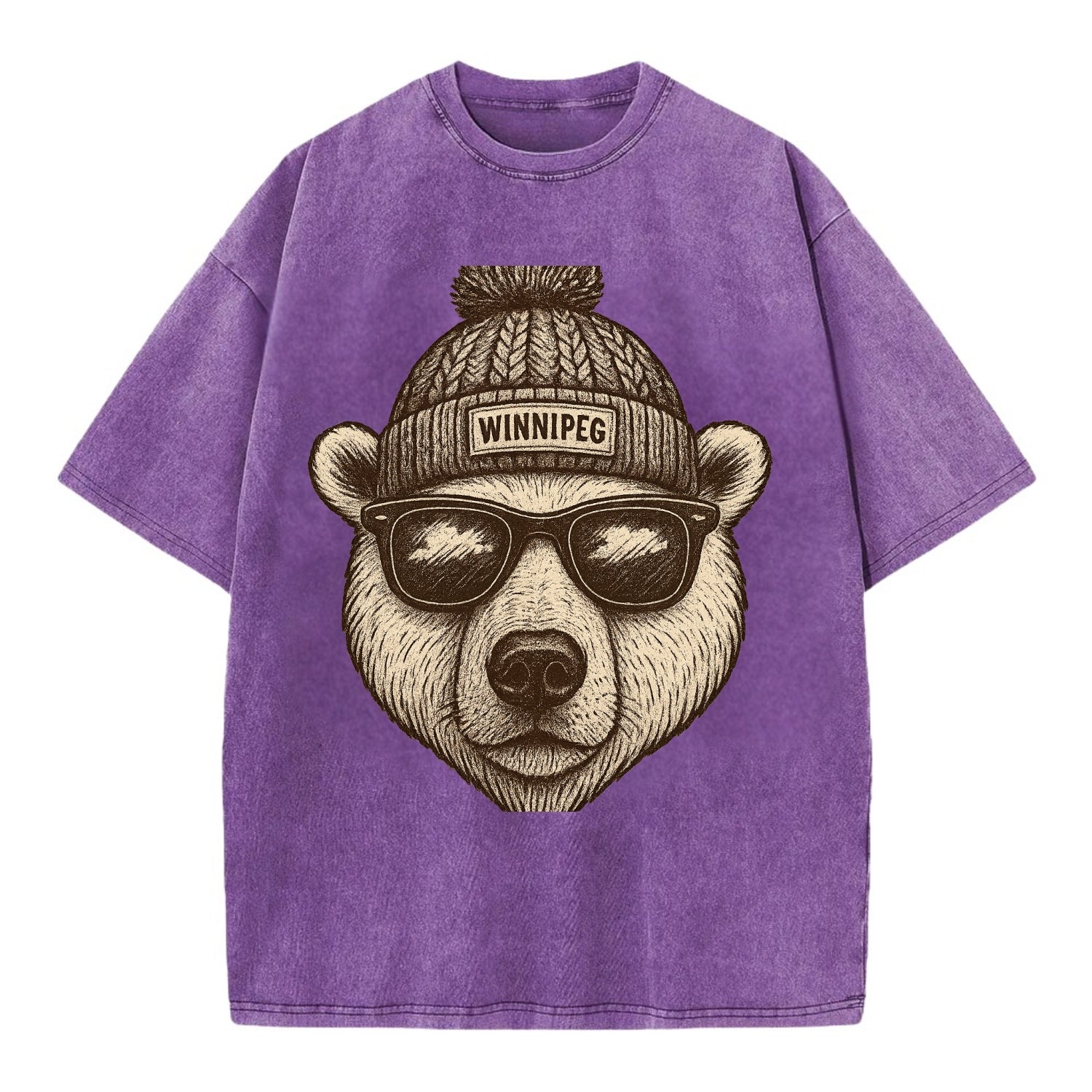 Winnipeg Polar Bear wearing Winnipeg beanie with pom pom and wayfarer sunglasses - Vintage T-shirt - Purple