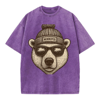 Winnipeg Polar Bear wearing Winnipeg beanie with pom pom and wayfarer sunglasses - Vintage T-shirt - Purple