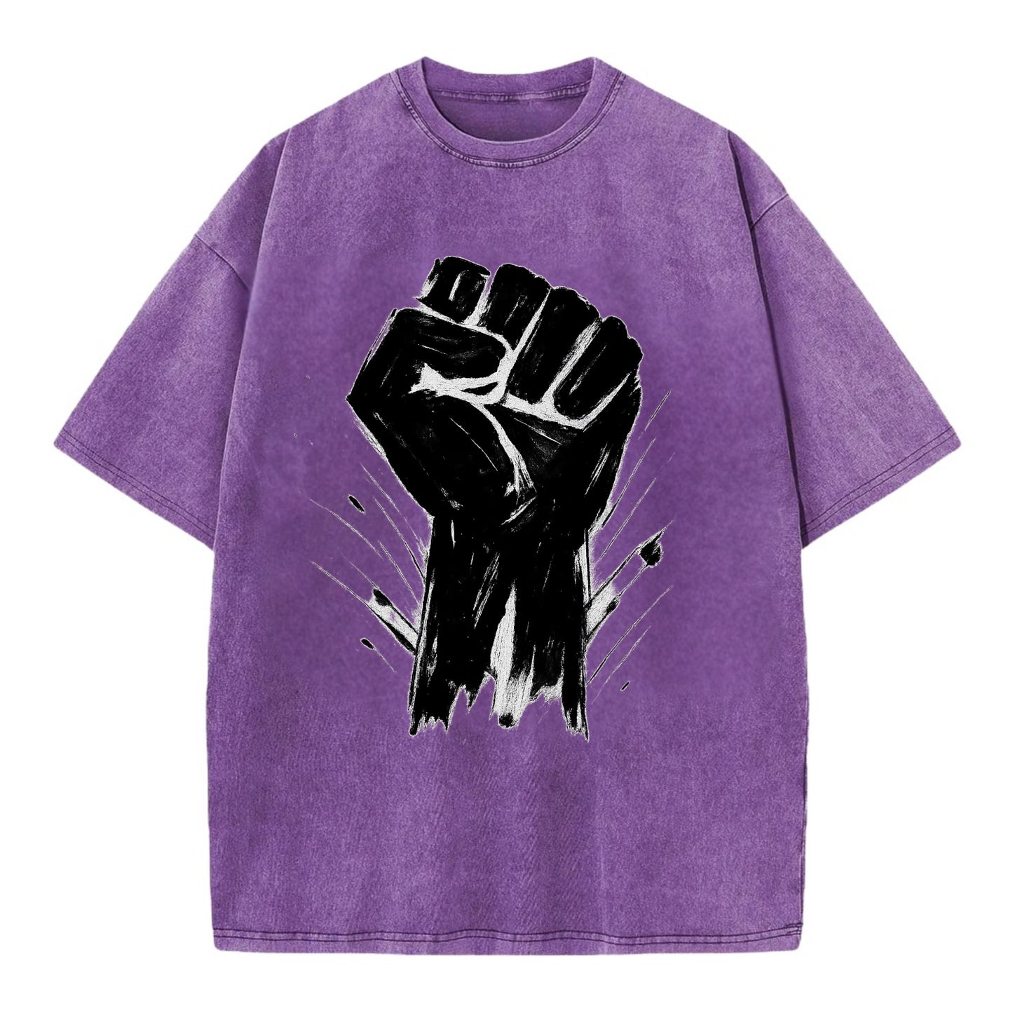 Raised fist in bold black ink brushstrokes - symbol of solidarity and resistance - Vintage T-shirt - Purple