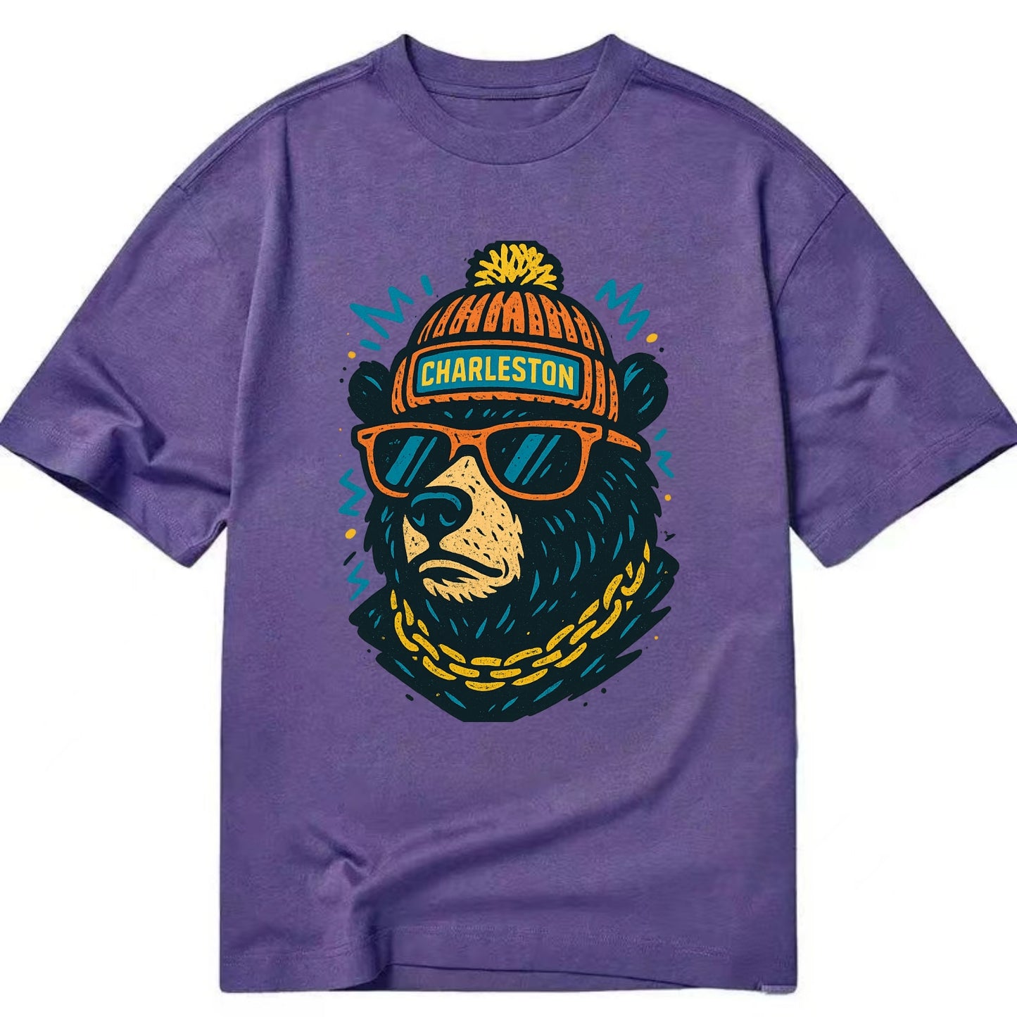 West Virginia Black Bear wearing Charleston beanie with pom pom and wayfarer - Classic T-shirt - Purple