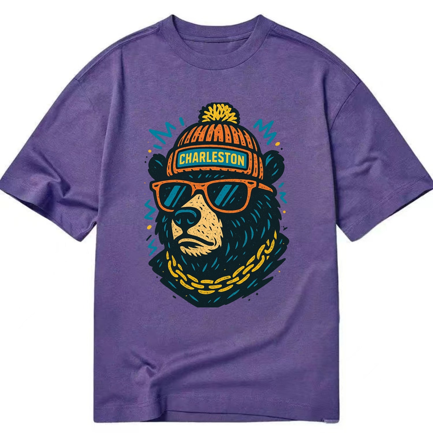 West Virginia Black Bear wearing Charleston beanie with pom pom and wayfarer - Classic T-shirt - Purple