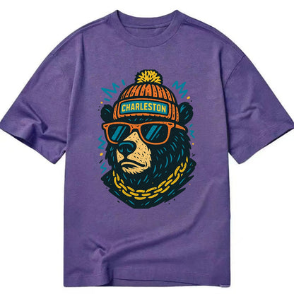 West Virginia Black Bear wearing Charleston beanie with pom pom and wayfarer - Classic T-shirt - Purple