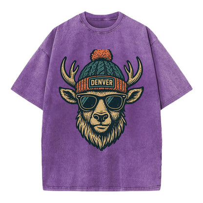 Denver Elk wearing Denver beanie with pom pom and wayfarer sunglasses - Vintage T-shirt - Purple