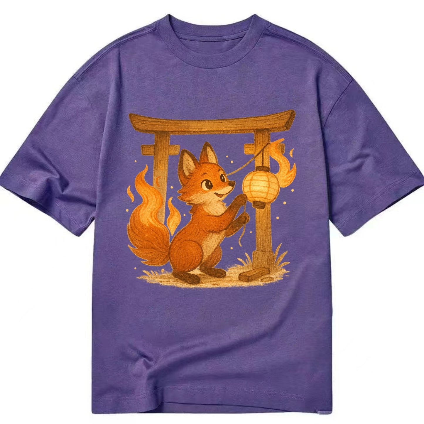 Foxfire kitsune stringing lanterns along a torii gate with tails of living flame - Classic T-shirt - Purple