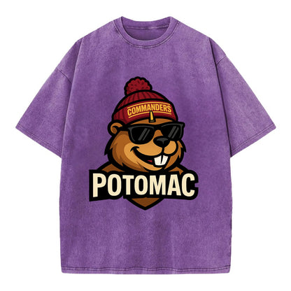 Potomac Beaver wearing Commanders beanie with monument patch and wayfarer - Vintage T-shirt - Purple