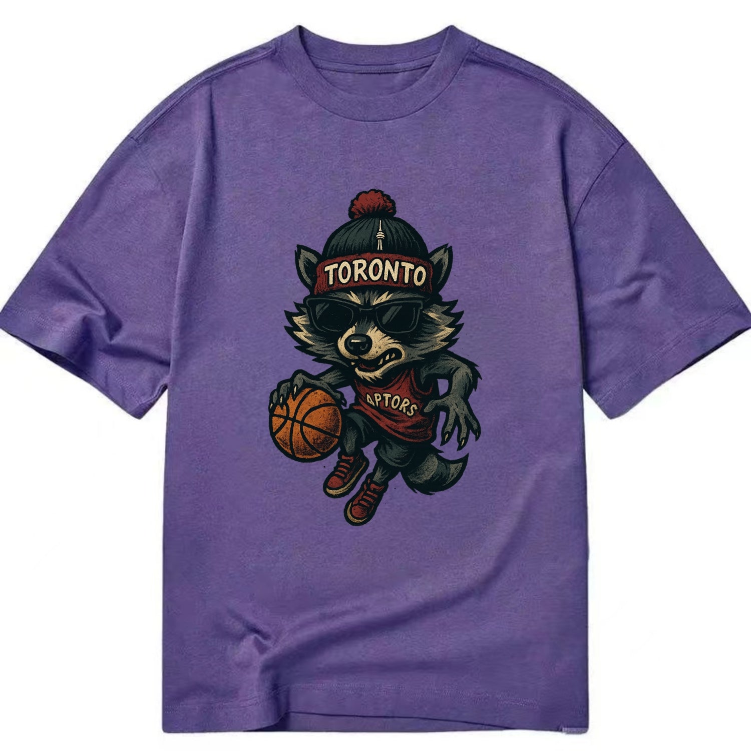 Toronto Raccoon wearing Raptors beanie with CN Tower patch and wayfarer sunglasses - Classic T-shirt - Purple