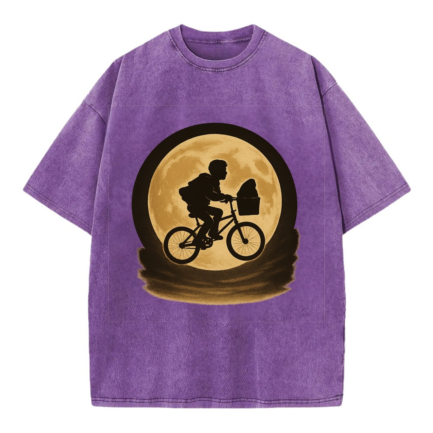 boy with bicycle flying across full moon with silhouette - Vintage T-shirt - Purple