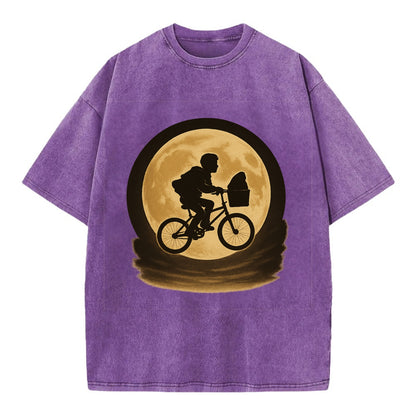 boy with bicycle flying across full moon with silhouette - Vintage T-shirt - Purple