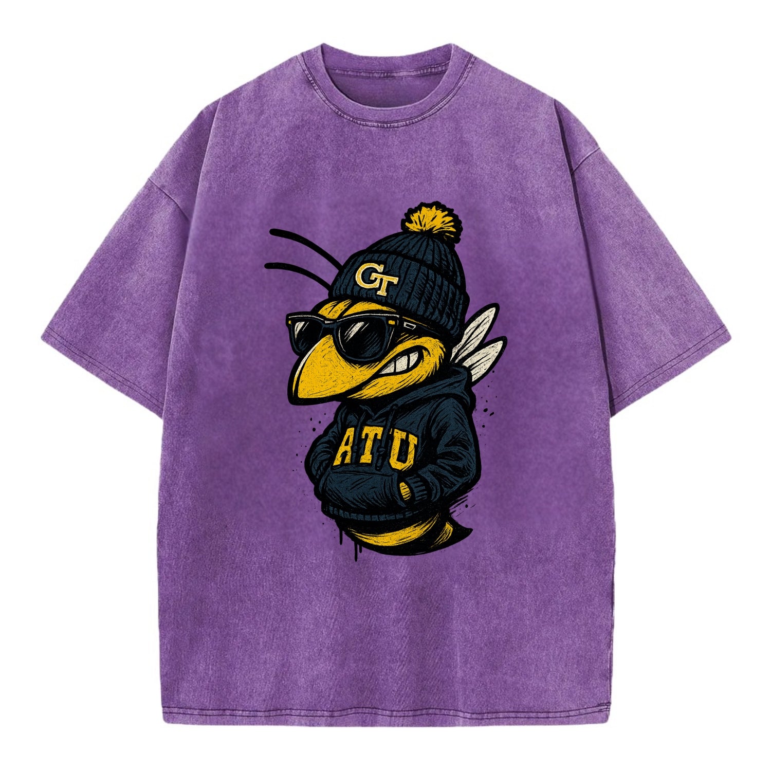 Atlanta Yellow Jacket wearing Georgia Tech beanie with GT patch - Vintage T-shirt - Purple